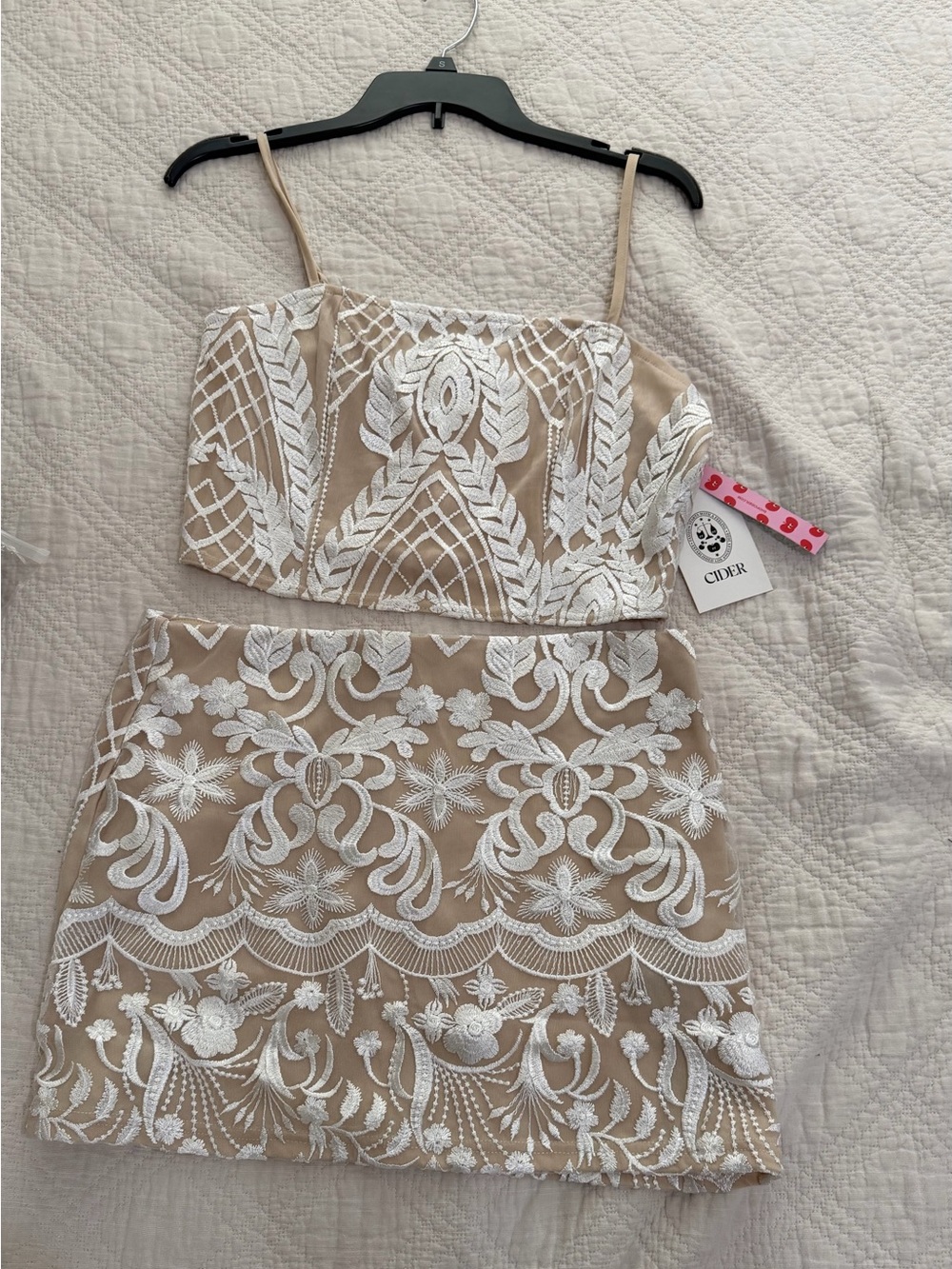 Beige and White Lace Embroidered Two-Piece Crop Top and Skirt Set